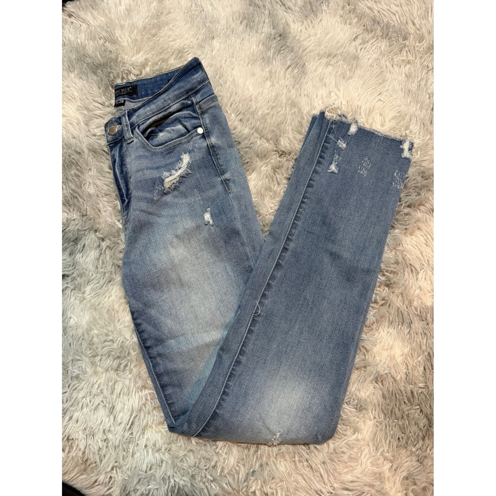 JUDY BLUE LOS ANGELES Womens Straight Fit Jeans Distressed Frayed Hem Size 3 26 - Picture 3 of 7